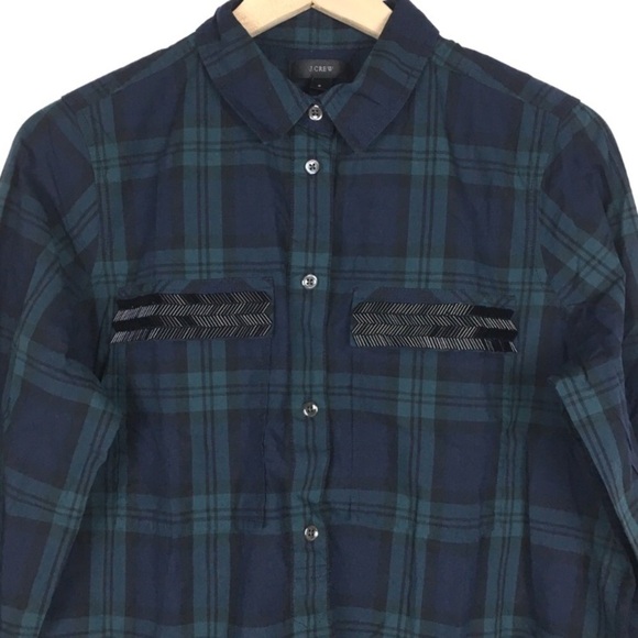 J CREW Tartan Plaid Popover Top Beads Chevron Dark Academia Navy Blue Size 8 NWT - Picture 3 of 11